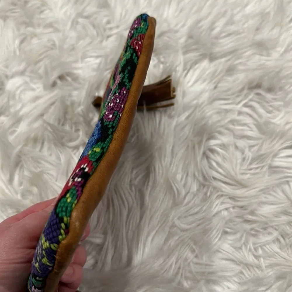 Sabra & Sand Huipile and Leather Floral Tasseled Wristlet